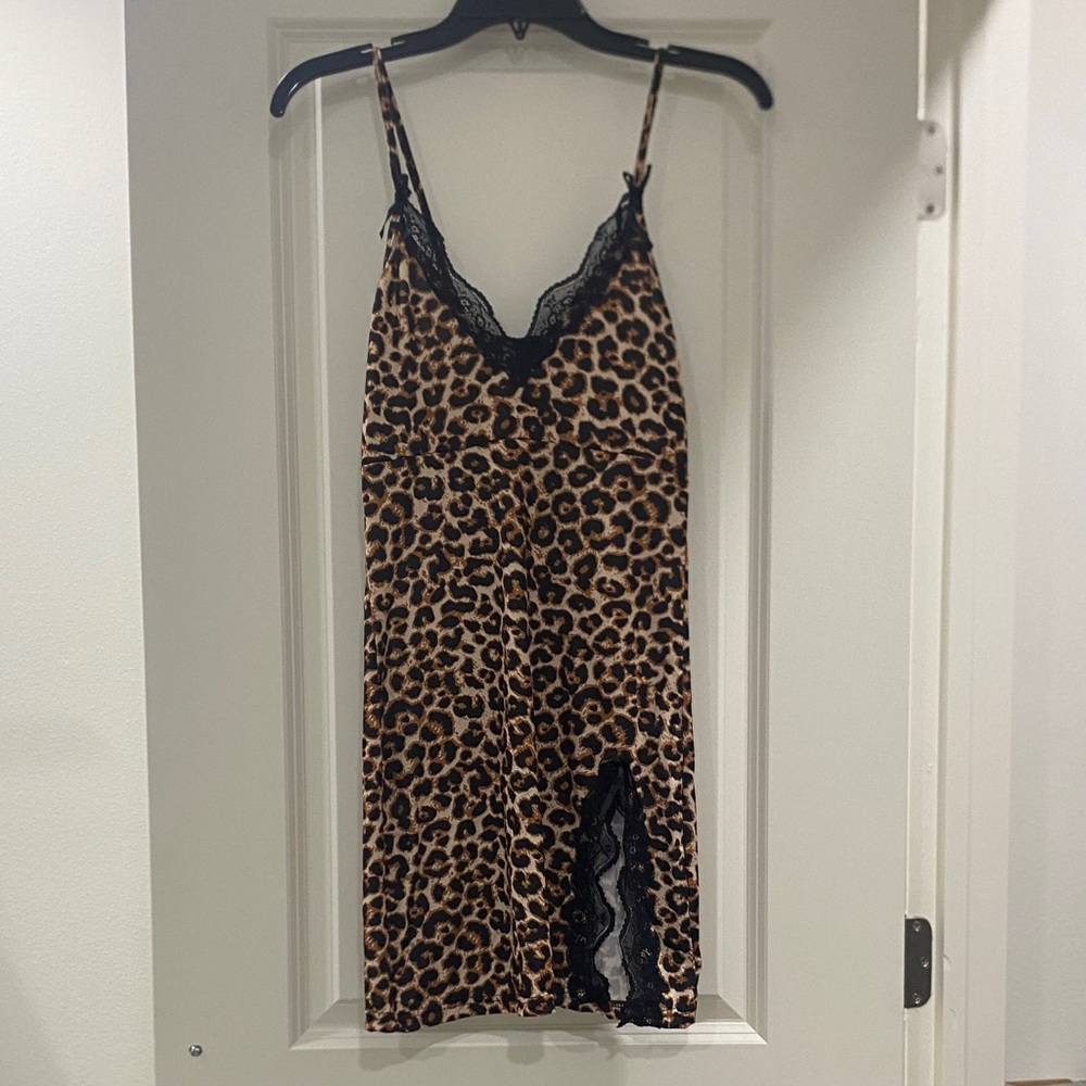 Leopard Print Slip Dress with Black Lace Trim